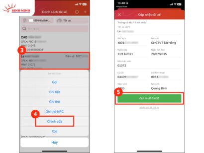 Bước 2,3 - Thay đổi thông tin thẻ tài xế